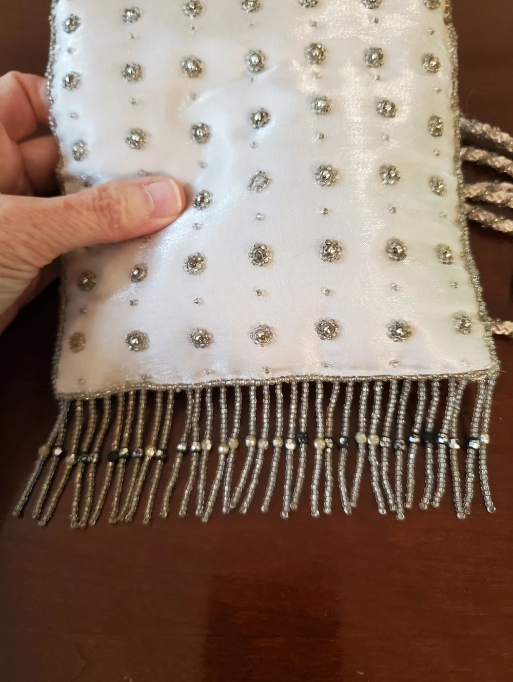 Vtg - La Regale - Silver White - Satin - Beaded Fringe Purse